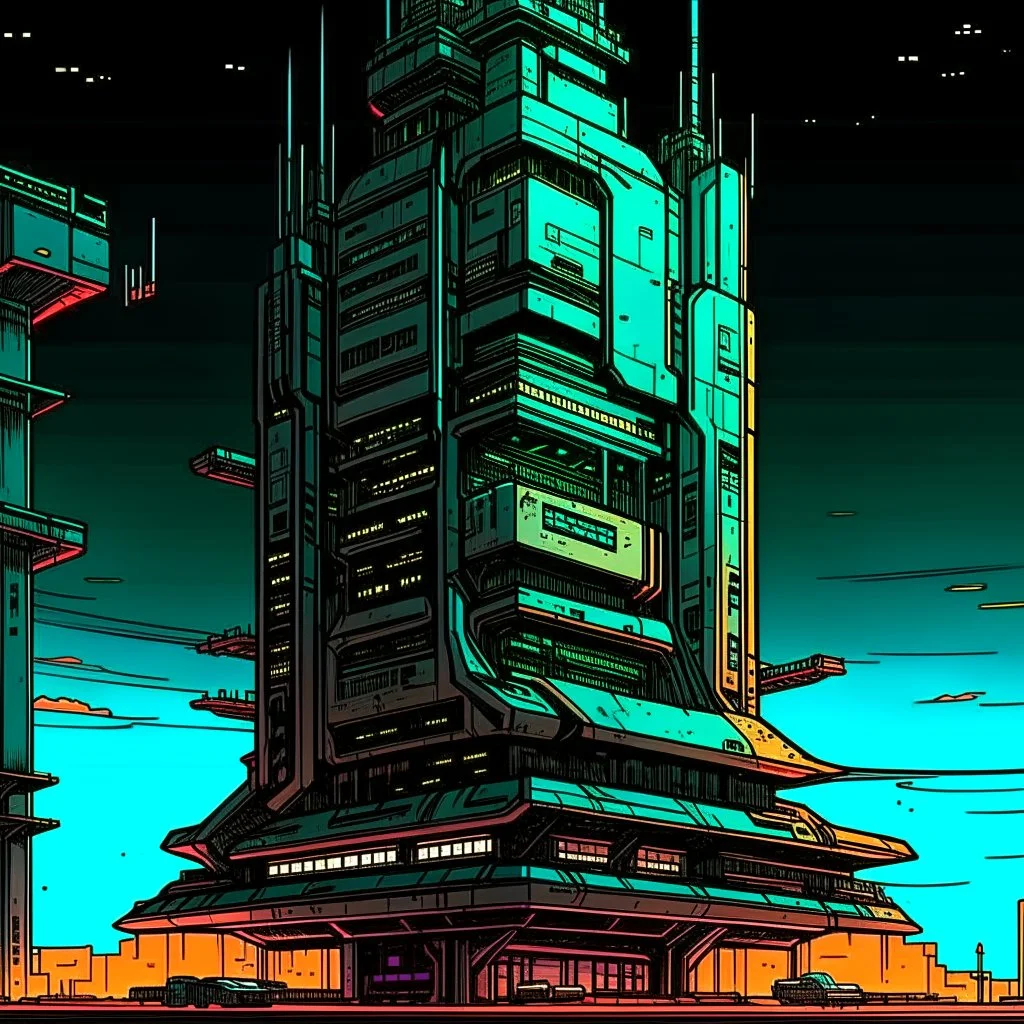 cyberpunk retro futuristic tower for comics