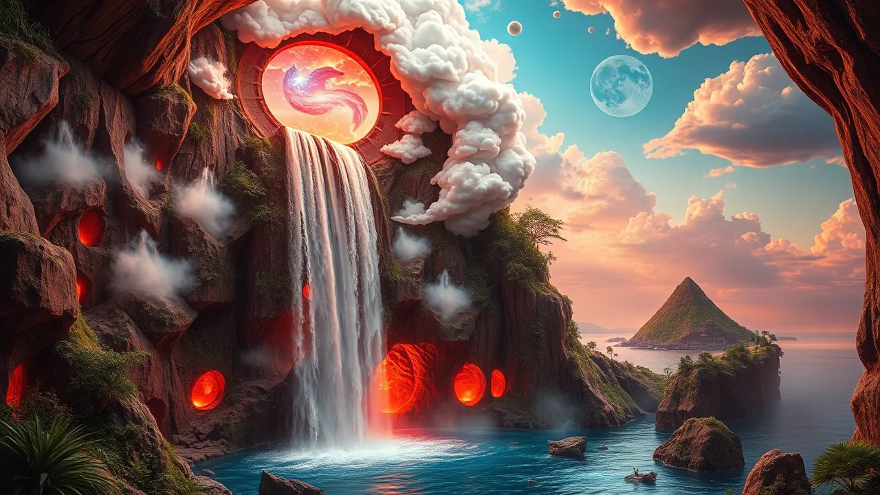 the waterfall is full of holes with various jungle flowing spiral cloud neon colorful Unique open cliff burning ripped surrealistic artwork with shiny shackled by cliff and sea island, while holding a waterfall doing pulling, the open cavity inside the body is a scene of an ancient Egyptian painting in the Gesang desert 5D diorama, with seven open panels on the revealing a forest with a thousand shadows, giving a triple exposure effect on a Balinese girl and her neck cavity, with a background in