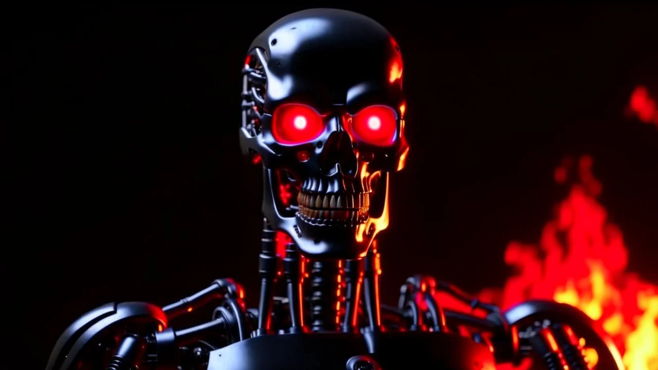 4k full realism, ultra details, lumieres maximum. Ombres ultra. Terminator robot. En fond un studio de radio en feu