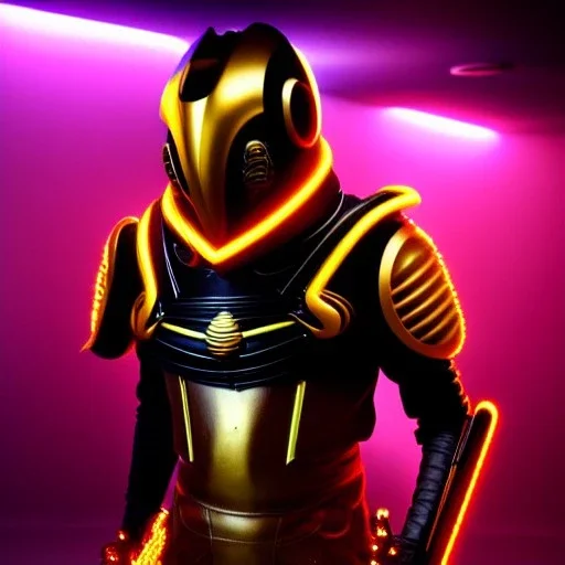 cyber bee, sci-fi, rounded face, blood, black, gold, brown, samurai helmet, decorative color feathers, retro, simetric, circuits, neon style, a lot of led lights, fog, rain, leather, vibrant color, highly detailed, art stations, concept art, smooth, unreal engine 5, god rays, ray tracing, RTX, lumen lighting, ultra detail, volumetric lighting, 3d, finely drawn, high definition, high resolution.