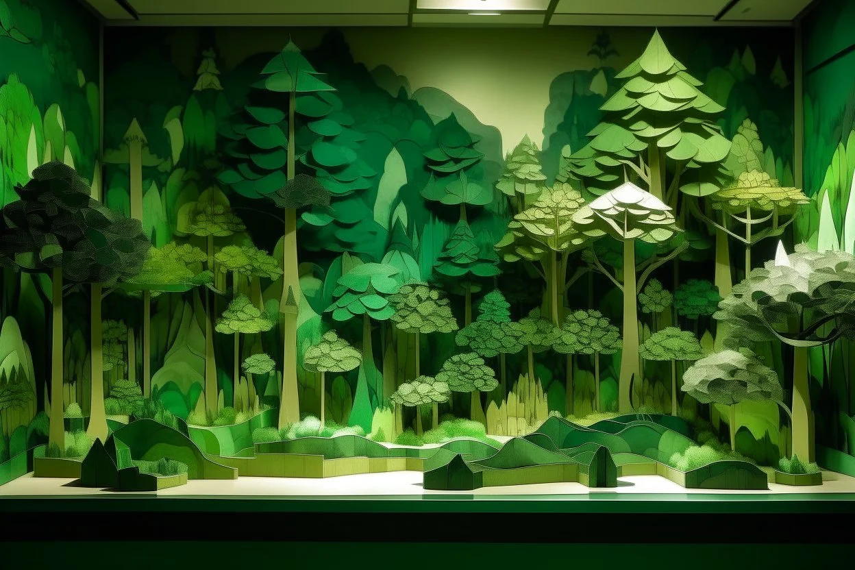 A green forest with tree tanks designed in Chinese paper art painted by Raymond Duchamp-Villon