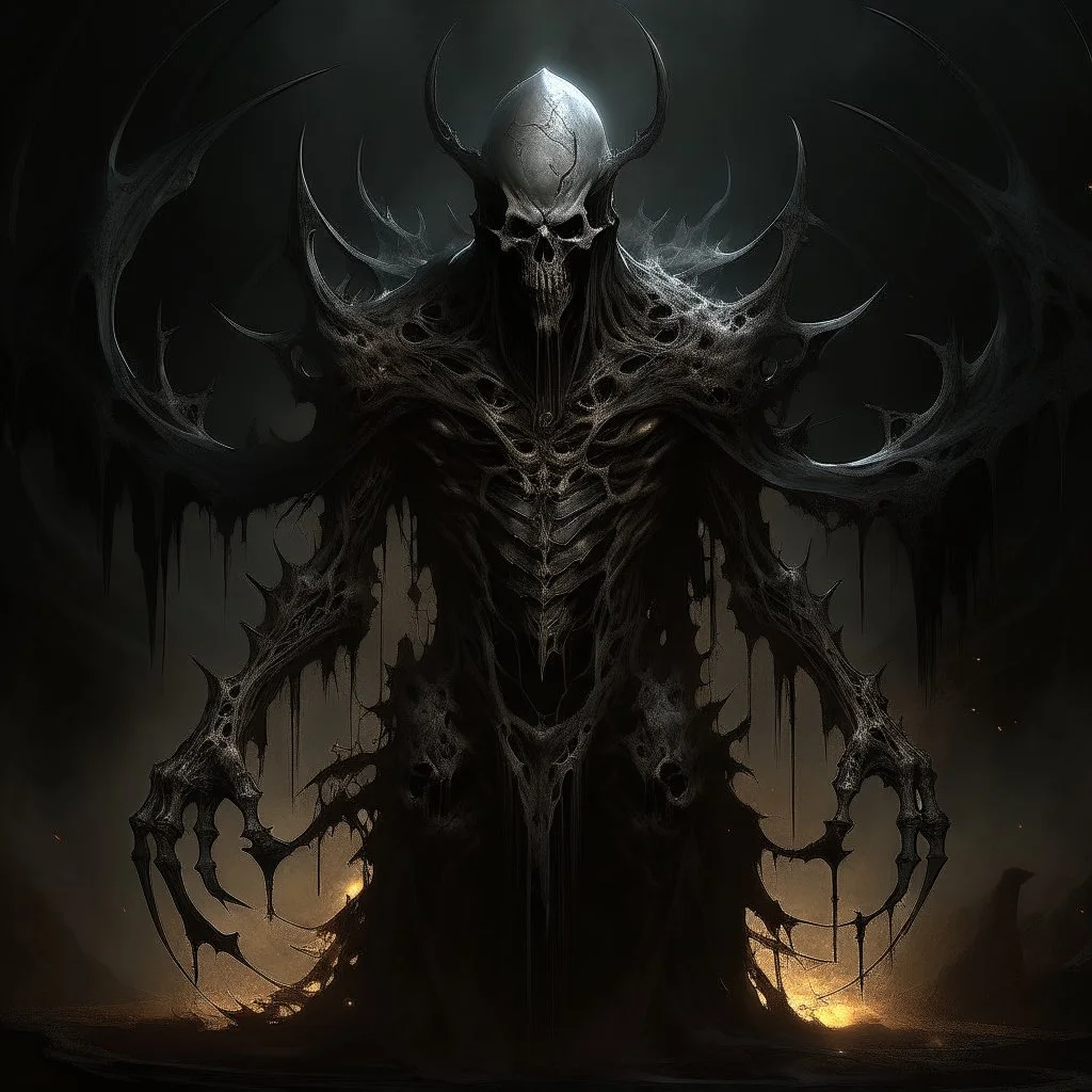 Generate a visually striking artwork that depicts 'Abaddon' as a formidable and malevolent entity, drawing inspiration from dark mythology and biblical references. Incorporate elements of chaos, destruction, and a foreboding atmosphere, while highlighting Abaddon's menacing presence and otherworldly power.