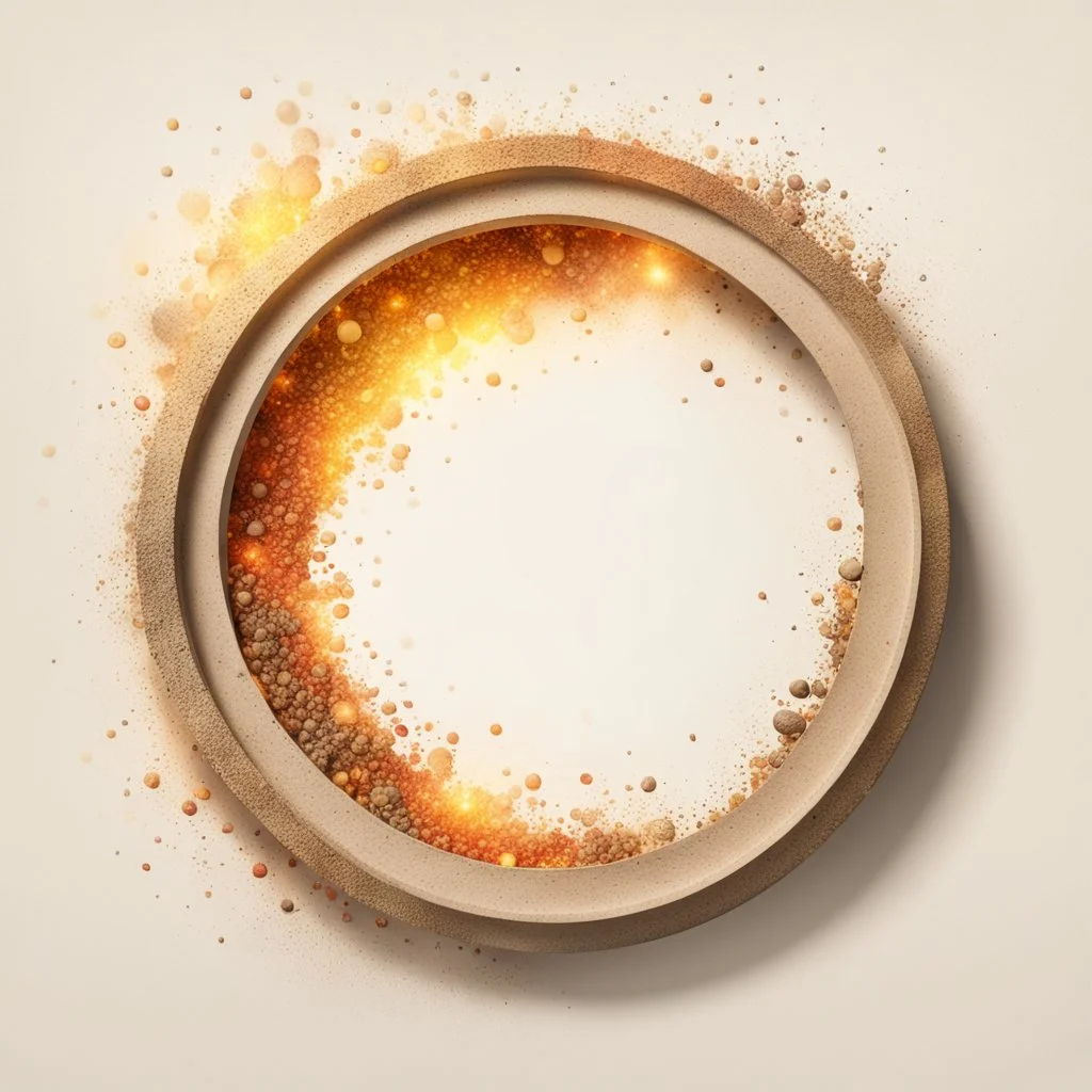 Hyper Realistic Right-side-view of Beige small-multicolor-Circular-Frame With Glowing Golden Embers On Off-White Grunge Background.