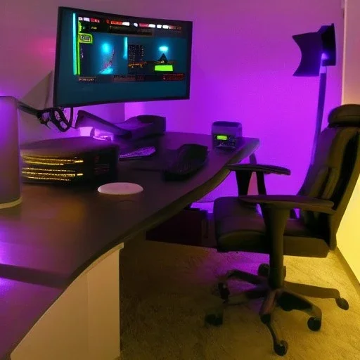 dark gamin room led lights monitors and chair cyberpunk style