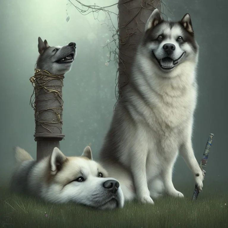 sad, abandoned, miserable akita dog tied to a pole with the Grim Reaper beside shitzhu dog on lonely highway, 8k resolution, high-quality, fine-detail, iridescent, intricate, digital art, detailed matte, volumetric lighting, illustration, 3D octane render, brian froud, howard lyon, selina french, anna dittmann, annie stokes, lisa parker, greg rutowski