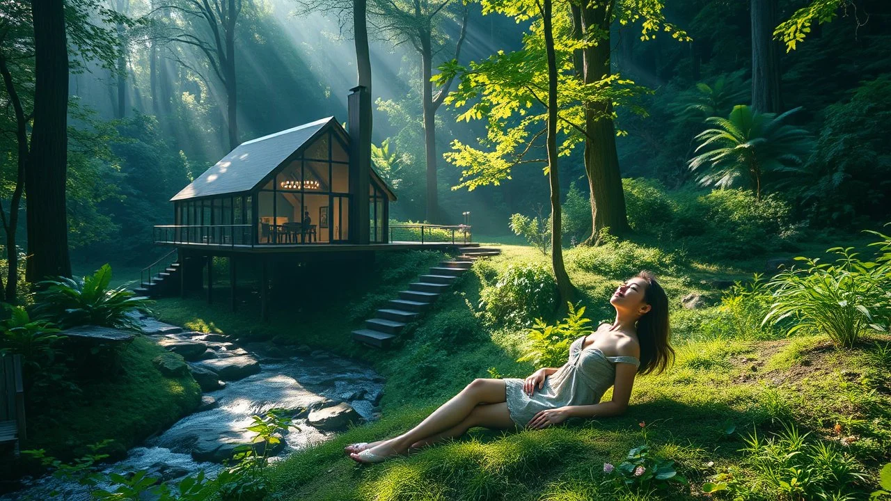 fantasy, During a summer afternoon, an East Asian woman relaxes on the slope near The glass House of the Tall Trees, with lush green foliage around her and the brook bubbling energetically nearby., adventure core, soft and dreamy depictions, epic eerie, soft pink color scheme, splitlight effect, profesional photography, hard shadows, high contrast