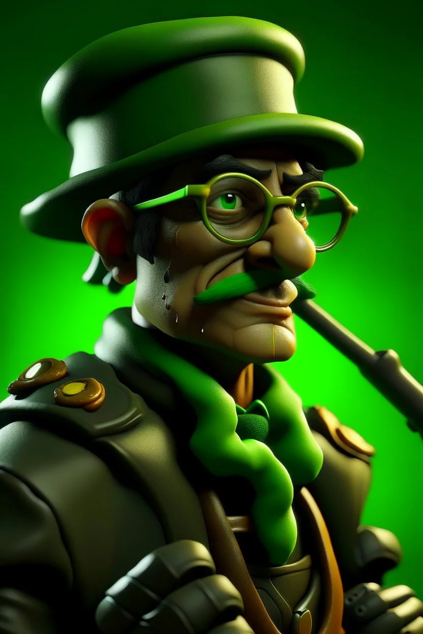 A man made of green slime wearing Groucho Marx glasses, leather armor and a fedora. He is wielding a crossbow.