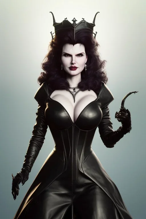 Geena Davis as evil queen in black leather, leather, busty, cleavage, angry, rage, stern look. character design by cory loftis, fenghua zhong, ryohei hase, ismail inceoglu and ruan jia. unreal engine 5, artistic lighting, highly detailed, photorealistic, fantasy