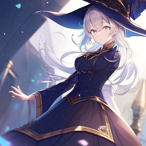 Clear focus, High resolution, medium length hair, white cyan hair, cyan eyes, wearing a witch uniform, Sighing, wearing a skirt