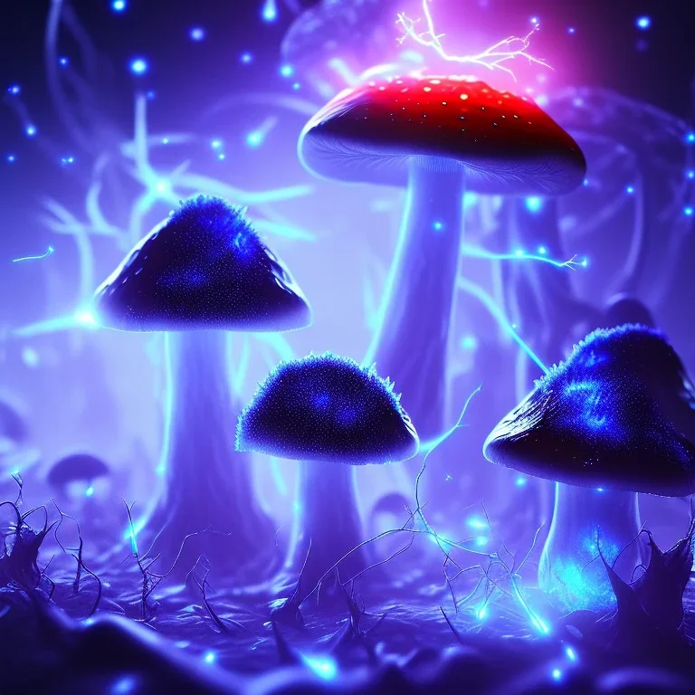 Spherical Frost metal magic armoured lightning glowing Mycelium MUSHROOM stars galaxy SPACE lANDSCAPE BURNING IN BLUE FLAMES hellfire abyss math chaos vivid cell