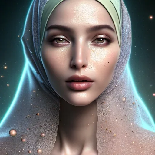 close up portrait of woman in hijab breaking up into particles of dust, fog, dissolving into clouds of dust particles, pixels, fine detail, highly intricate, modern surrealism painting, high-quality, volumetric lighting, 8k, ultrahd, George Grie, Marco Escobedo, Igor Morski,Brian Froud, Howard Lyon, Selina French