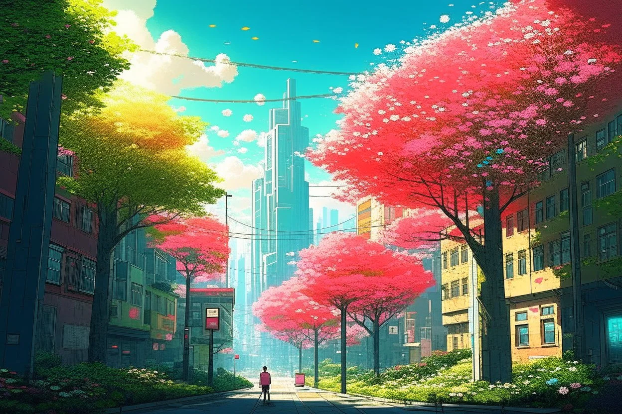 city, flowers, trees, sunny day, spring, sci-fi, cyberpunk influence