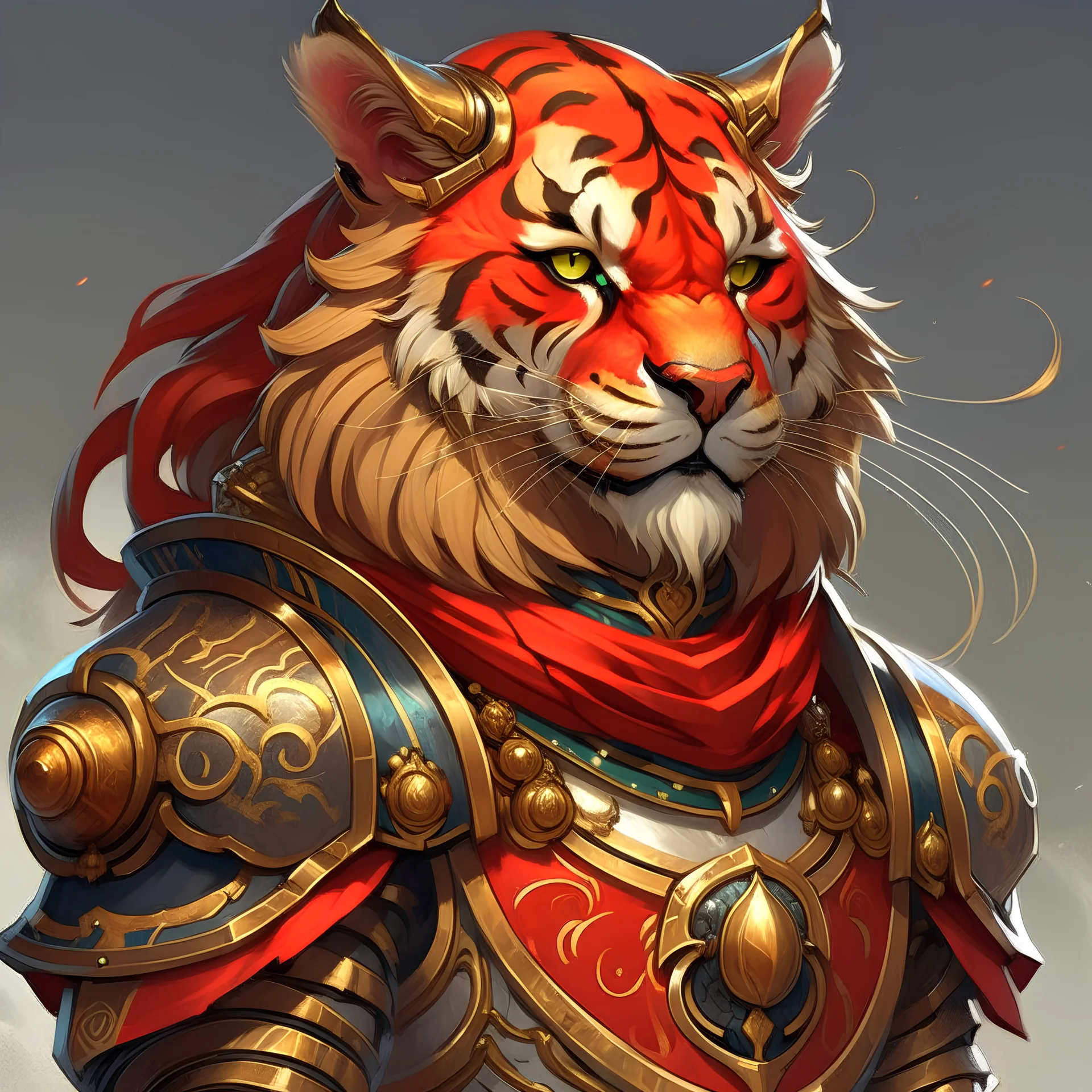 a cartoon tiger with a red vest and gold armor, a character portrait by Yun-Fei Ji, Artstation, furry art, official art, furaffinity, ultra detailed