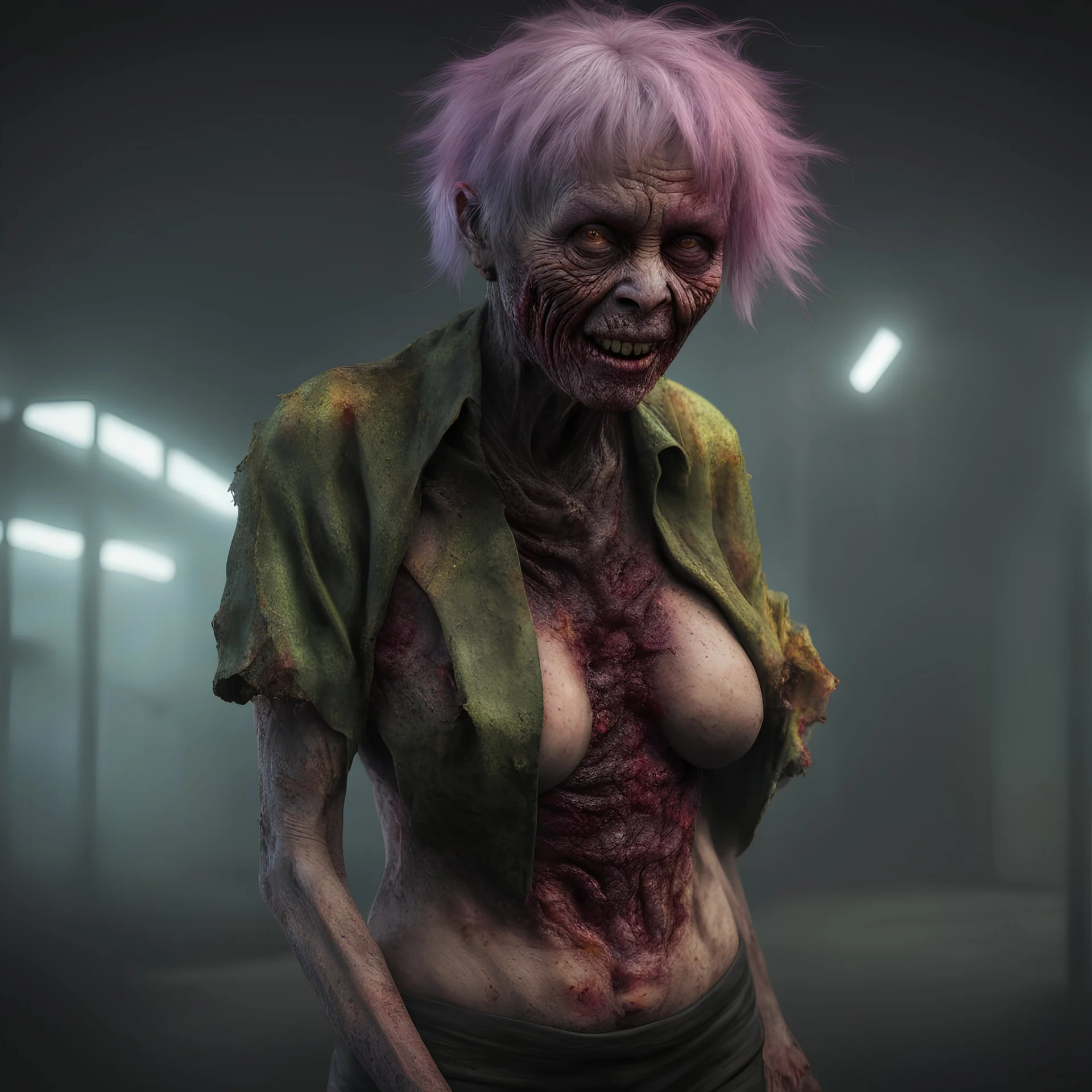 An amusing parody, an old, decomposing zombiegorillawitch with 1st degree burned skin and pixie-cut hair, wearing rotting underwear, 4k, 8k, 32k UHD, Hyper realistic, extremely colorful, vibrant, photorealistic, realistic, sharp, highly detailed, professional quality,