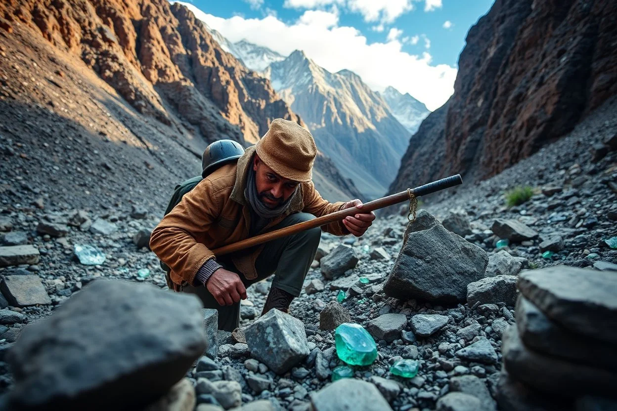 a dramatic image of a gem explorer in rugged terrain—such as a miner in Afghanistan’s Panjshir Valley, a Tanzanian artisan digging for spinel, or a Colombian emerald hunter—to visually anchor your article and highlight the adventure behind these investments.