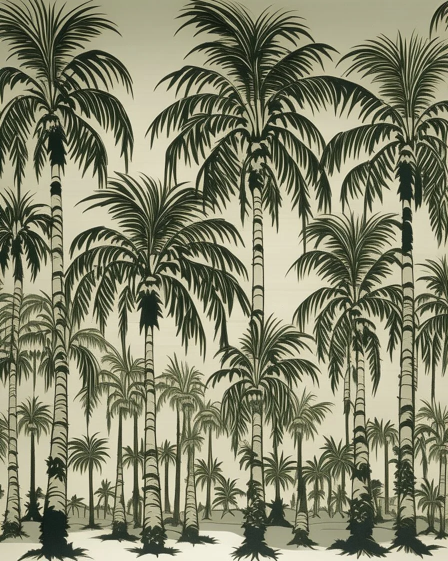 A light gray oasis with tall palm trees designed in Bayeux tapestry painted by Andy Warhol