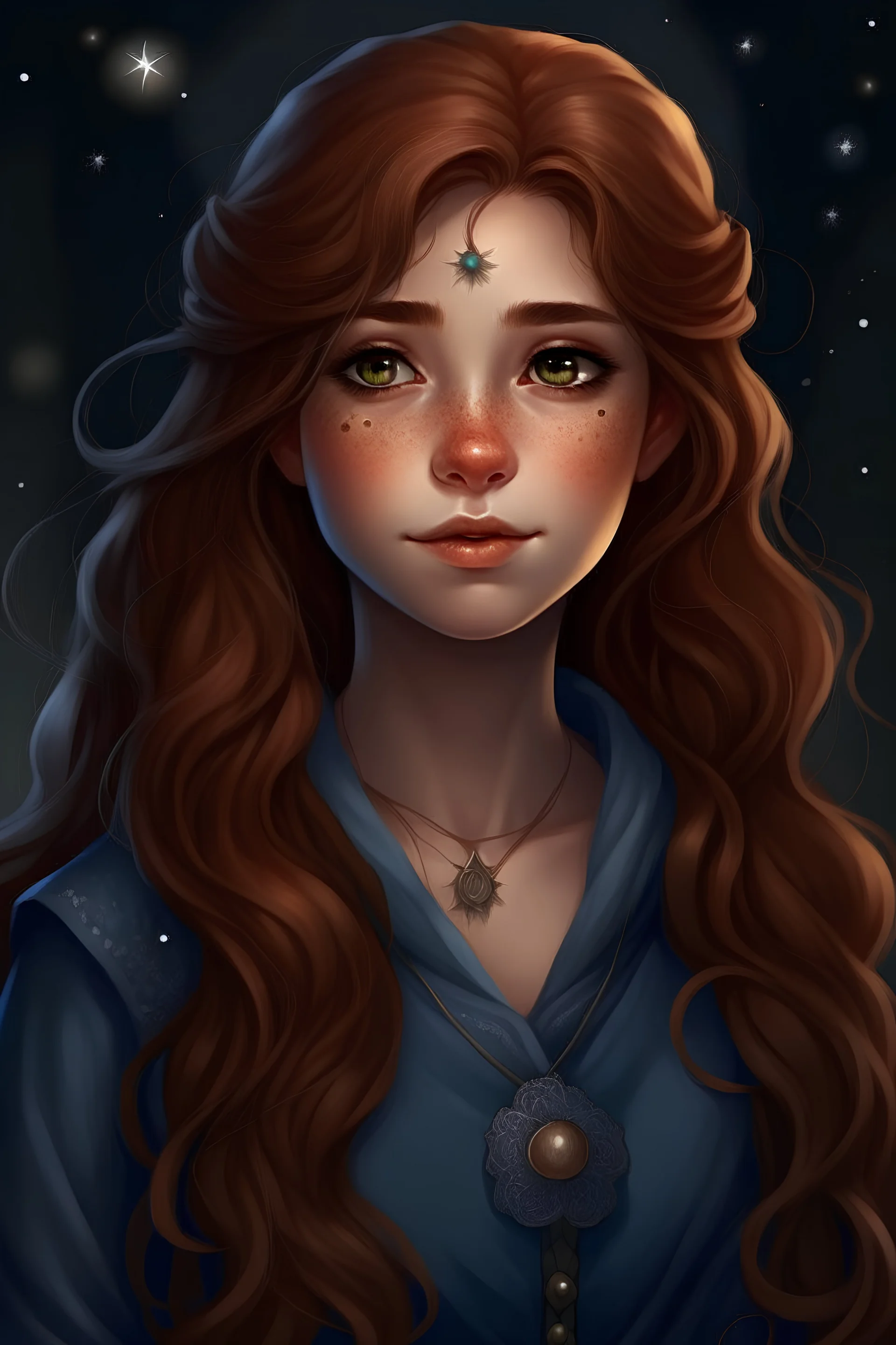 Femele halfling, olive skin, hazelnut eyes, long auburn hair, silver stars in hair, blue clothes, realistic style