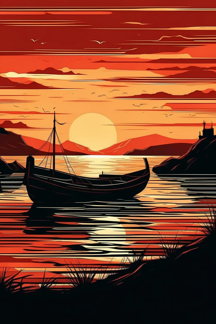 Delve into the tranquility of a coastal landscape art, featuring a fishing boat at a lake during sunset. The flat background style and darkly romantic illustration, in hues of dark amber and red, evoke a sense of serene beauty.