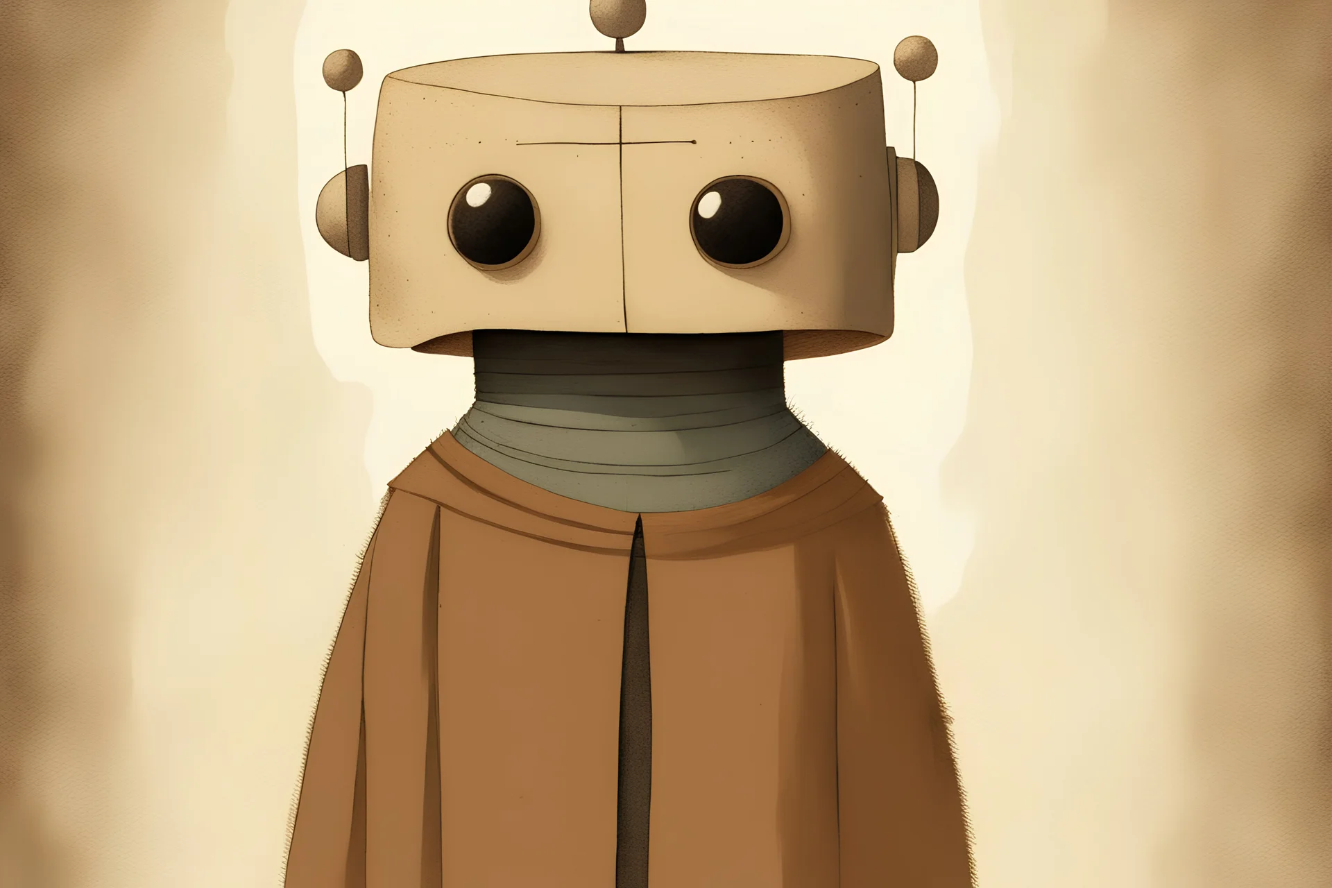 robot wearing a brown robe, jon klassen style