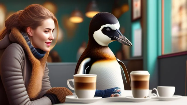 young woman talk to a penguin in coffee-shop