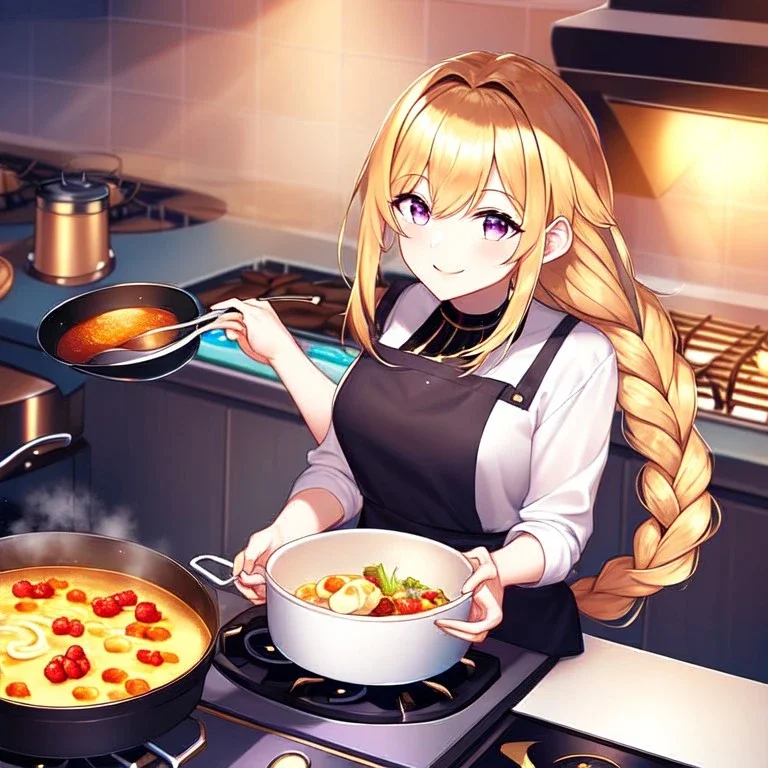 girl, masterpiece, best quality, volumetric lighting, detailed outfit, perfect eyes, golden hair, long hair, purple eyes, braided ponytail, smile, cooking, food,