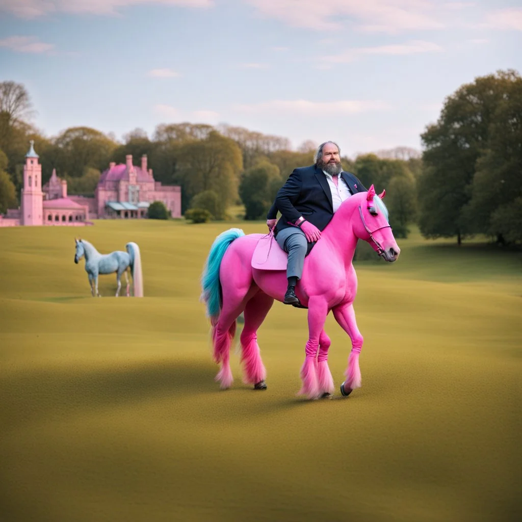 a big man siting on a pink horse