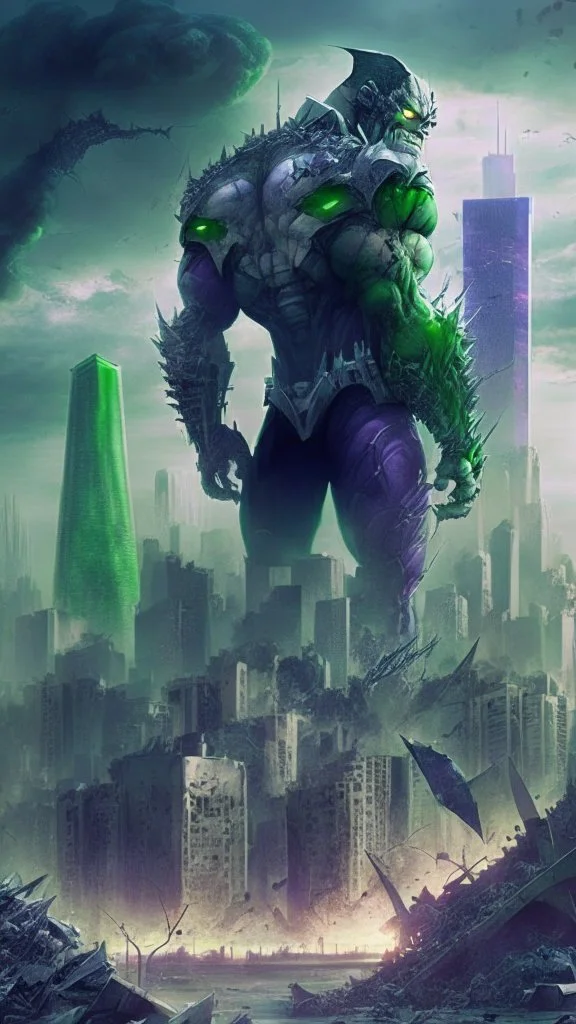 super villain, bio-tech, destroyed city in the background