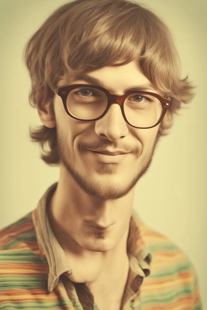 hippie young man with glasses of colours and poor and short short short and poor hair on the head with receding hairline. Farsightedness glasses with big eyes. Shirt beard in the head. Vintage look and feel like photo style-of the 70s