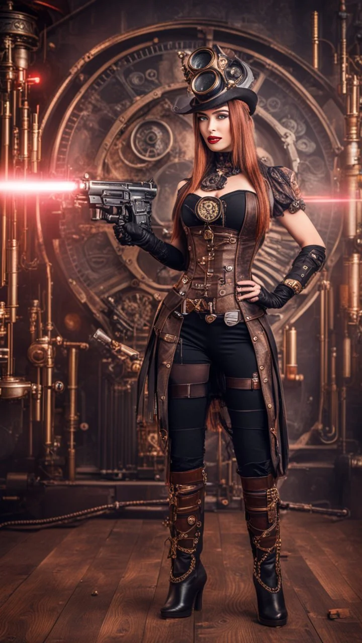 Full Body Photo Of A Steampunk Burlesque Woman With Straight Hair And A Fringe Hairstyle, Holding A Laser Gun, Sci-Fi Steampunk Background