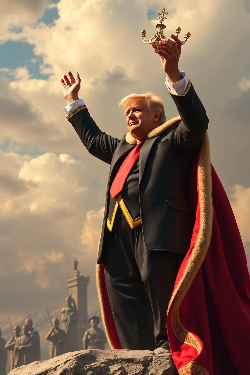 trump standing king of the world in the style of basqiat