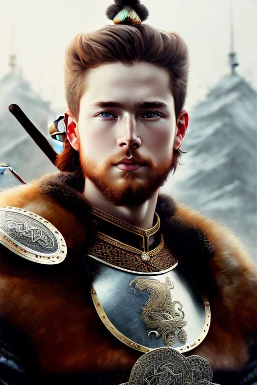 Detailed young viking king, red hair, black leather armor, intricate details, full body portrait, keep head in frame, black Japanese motif, concept art, highly detailed, digital painting, concept art, sharp focus, illustration, art by Yoji Shinkawa, WLOP and greg rutkowski and alphonse mucha and artgerm and yanjun Chen and Junji ito and Makoto Shinkai, HDR, octane render