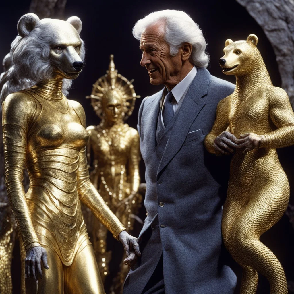 (crazy psychedelic high res photo by Ray Harryhausen) The first is tall, his skin gleaming like polished gold, with eyes that seem to reflect no light at all. The second is a woman with silver hair that writhes like serpents, her form shifting in and out of focus. The third bears no face at all, only a void where features should be, yet you can feel the intensity of its gaze boring into you like a physical force. These are not mere soldiers—they are embodiments of something darker, something tha