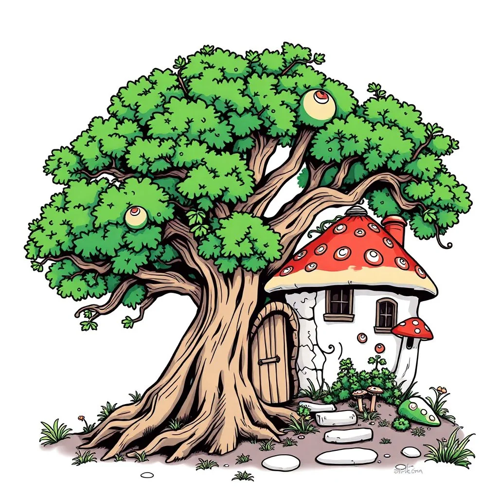 outline art for square twisted old oak tree mushroom cottage full vivid colored page for kids, classic manga style, anime style, realistic modern cartoon style, full color background, sketch style, only use outline, clean line art, no shadows, clear and well outlined