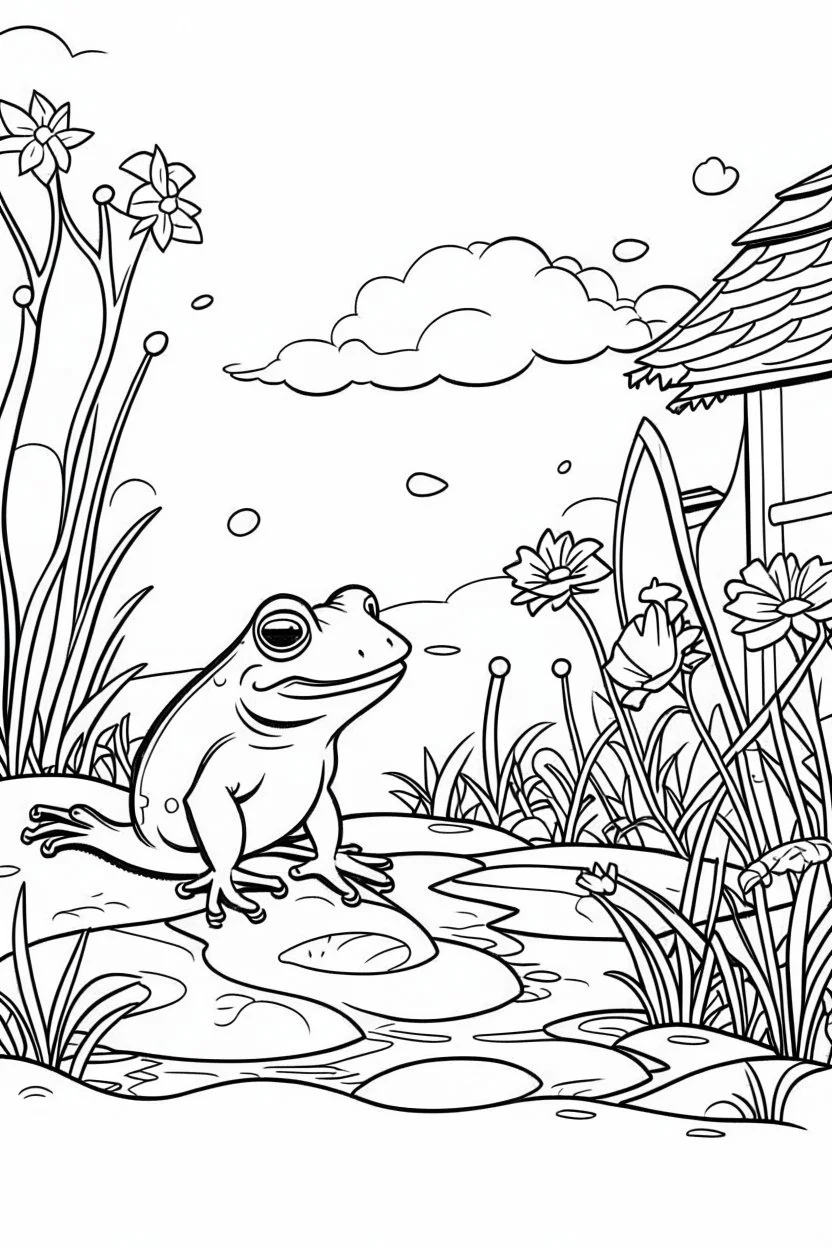 Outline art, frog in the garden, cartoon style, black and white, low detail, --ar 9:11