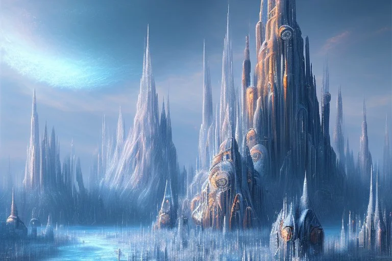 Science fiction city near frozen lake, impressionism painting