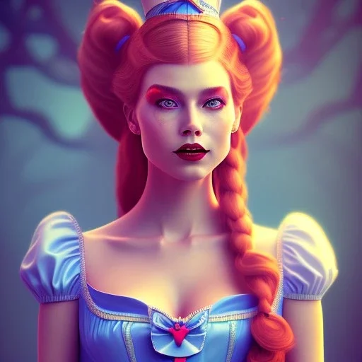 3D close-up of a beautiful "Alice in the wonderland", sarcastic smile, high contrast, glowing backlighting, blue and red backlighting, vibrant hair, dark brown eyes, sharp focus, high makeup, medium face painting, background blur.