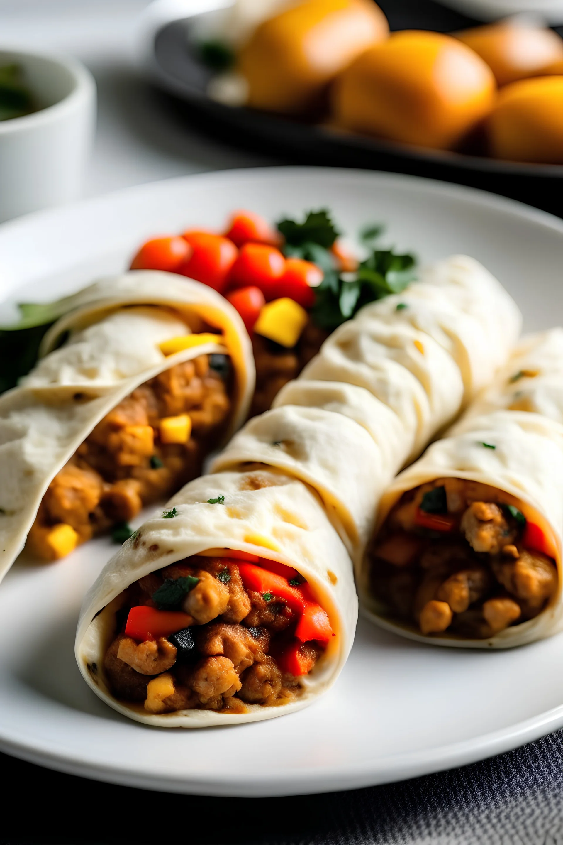 A plate of savory breakfast burritos filled with scrambled eggs, chorizo, and beans.