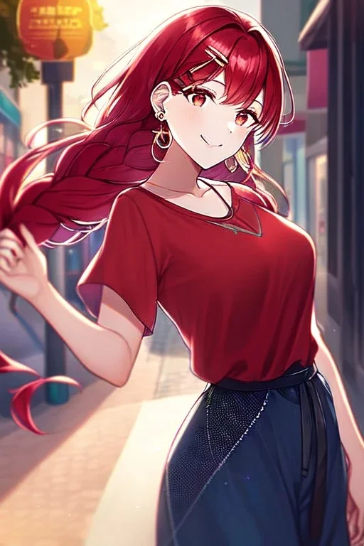 girl, masterpiece, best quality, cinematic lighting, detailed outfit, vibrant colors, perfect eyes, red hair, red eyes, long hair, braided ponytail, hairclip, earrings, smile, casual clothes,