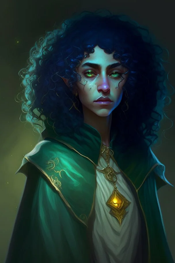 Female moon elf twilight cleric in a dark green robe with blueish curly hair and golden eyes