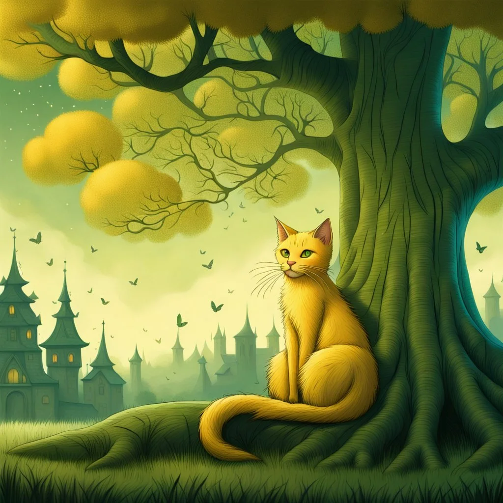 Drawing of a yellow cat sitting in front of a tree, the background is green, storybook illustration by Gediminas Pranckevicius, featured on deviantart, gothic art, magical fairy tale atmosphere, storybook illustration, dark and mysterious