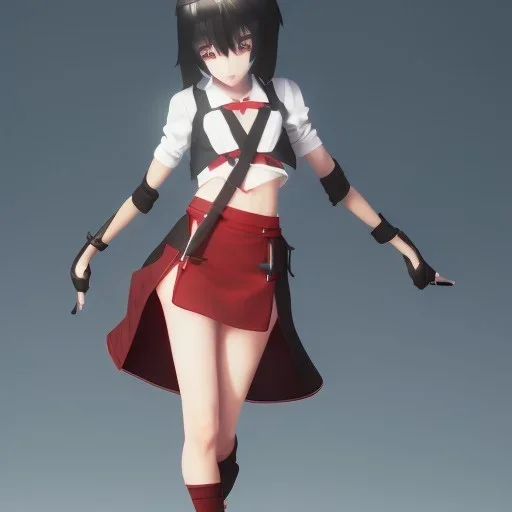 Ryuko Matoi,black skirt,black crop top,suspenders,red tie,red ahoge