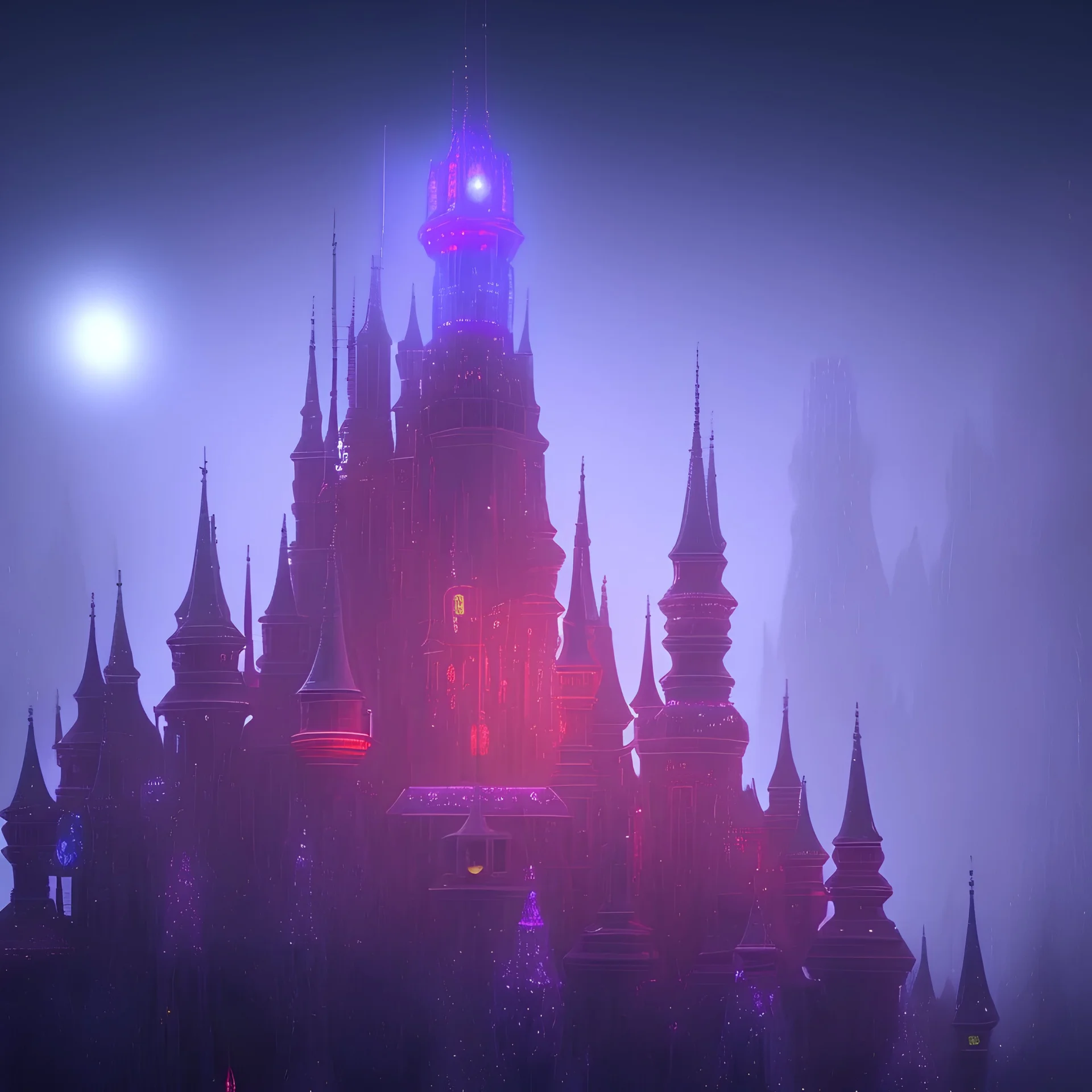 MAGIC CASTLE, ALIEN, FOGGY NIGHT, GLOWING, PURPLE, TOWERS, 4K, 8K, CINEMATIC