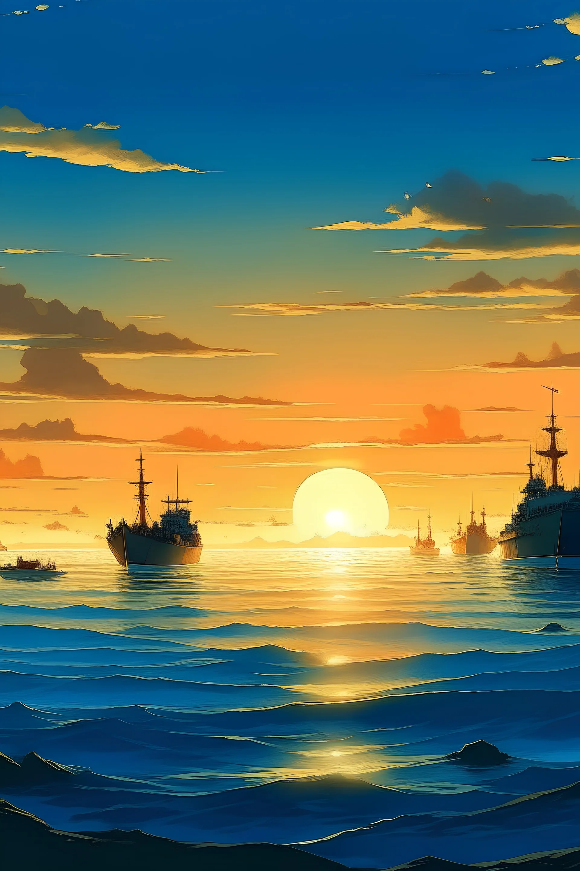 I want an image depicting a seascape with a sunset, a blue sky, and ships visible along the seaside. image size 1600 x 700 in a reality