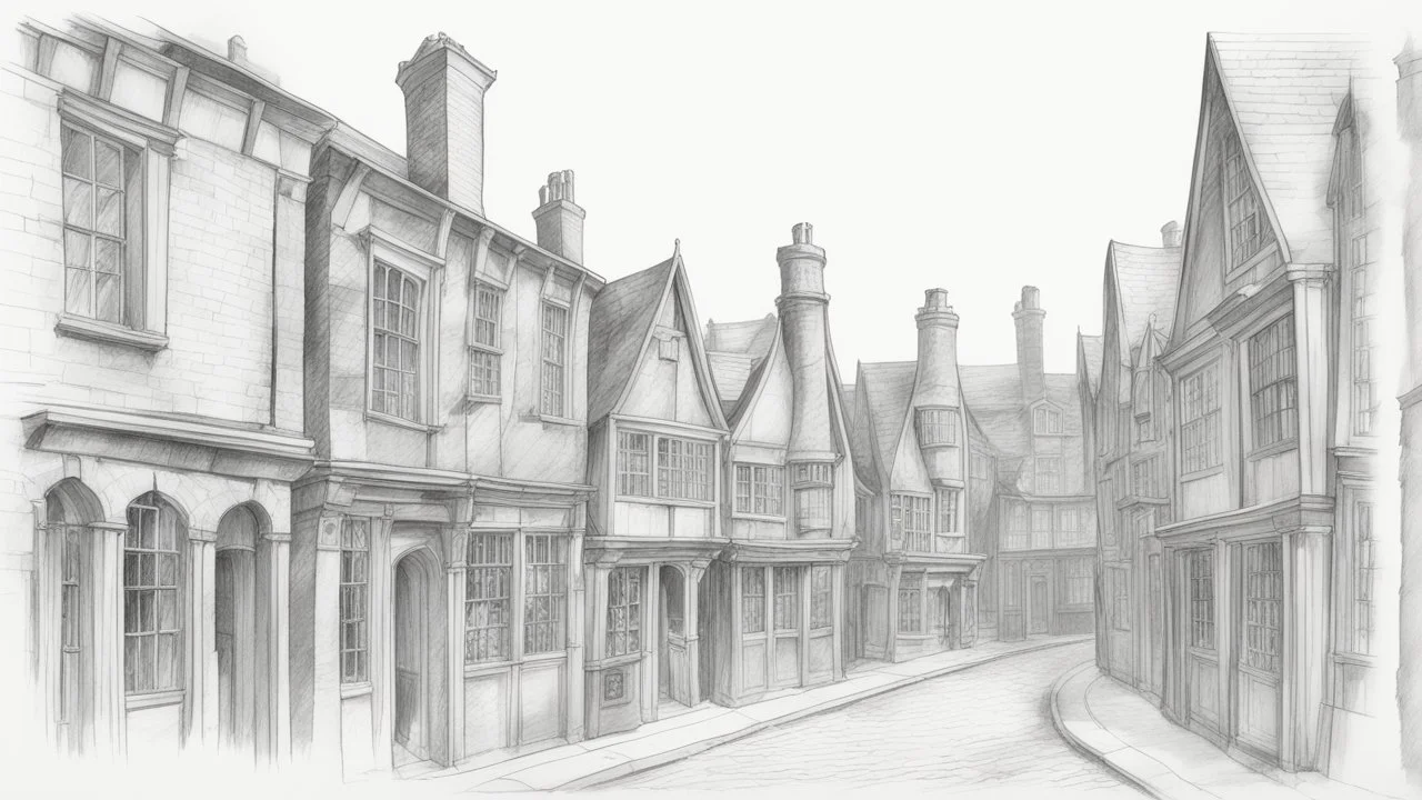 Diagon Alley, homes, bridges, and stores with tall, crooked roofs and chimneys are depicted in this outline pencil sketch.