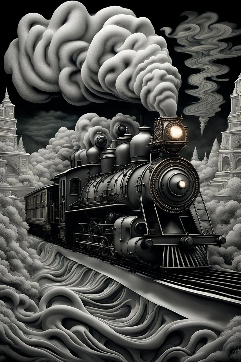 A steam train made of swirling smoke, with intricate patterns and designs on the locomotive's body. The artwork uses focus stacking and digital art techniques to create a surreal and detailed background. The dark, white and gray style depicts hyperrealistic sculptures and hyperdetailed illustrations of surreal and dreamy landscapes in the style of hyperphotorealism. Silver, black and grey colors are used.