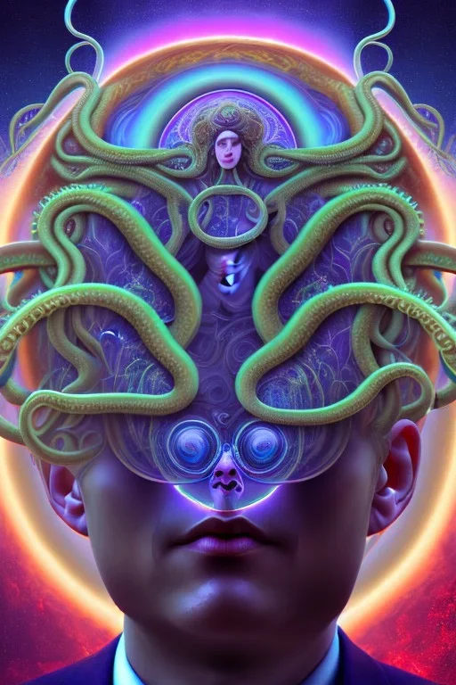 Spiritual being with Tentacles over human Head creating reality around, wrapping Spiral around Human, Psychedelic