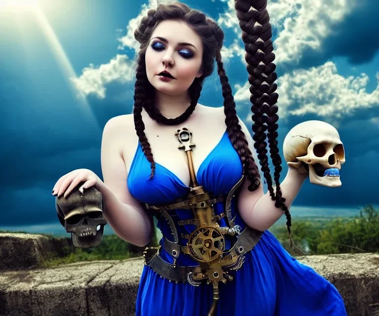 Very sensual gorgeous curvy young white woman brunette hair maiden dressed in blue posing sensually with plaits, and with a skull in her hand, background of ancient marble Roman arcs heavenly sunshine beams divine bright soft focus holy in the clouds steampunk engine steampunk engine.