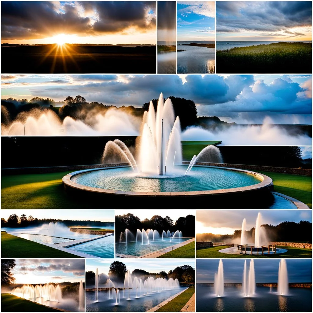 camera captures full scene of where 12 fountains in a small sea shoot water jets in sky and splashes of water ,in country side,pretty cloudy sky ,moving clouds and godrayes .