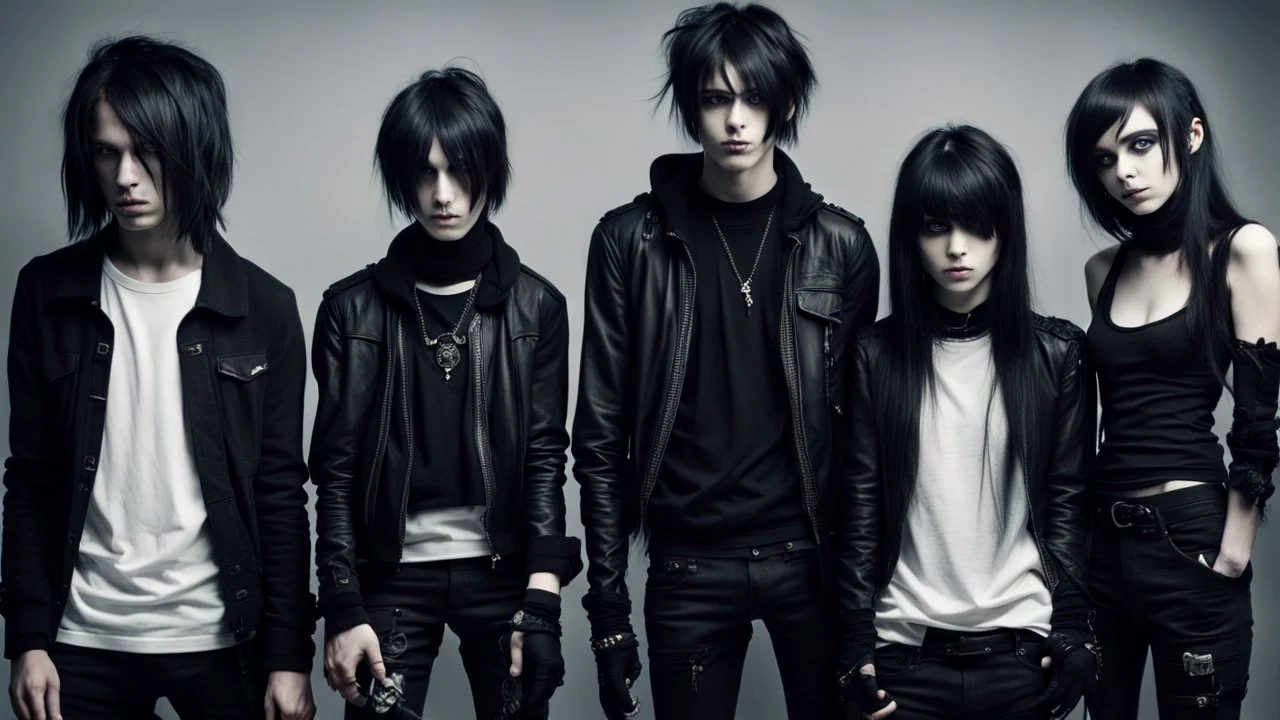 emo goth fashion, women and men in emo goth clothes perfect realistic faces, full body, High detailed, sharp focus, looking at the camera, cinematic, masterpiece, high realistic, fashion photo