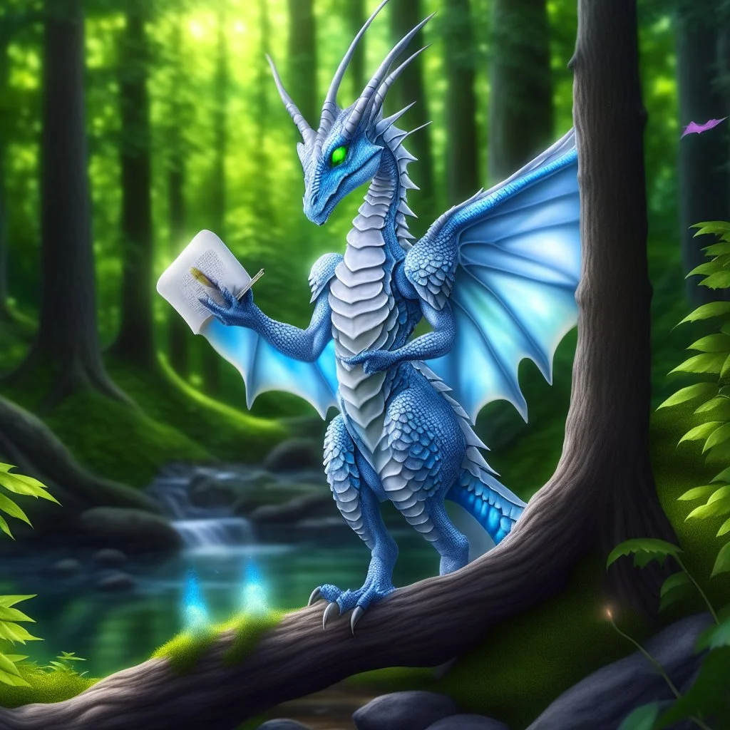 A dragonoid human with silver scales along with a long, flexible tail in a magical forest studying magic